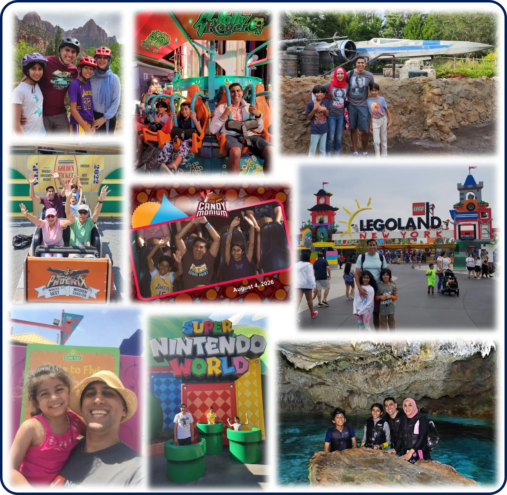 Family collage of amusement park and travel photos through the years